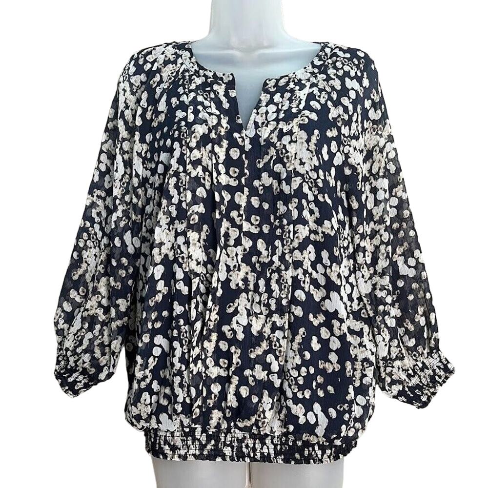 Christopher & Banks Women Dark Blue Floral Sheer‎ Blouse Size Large